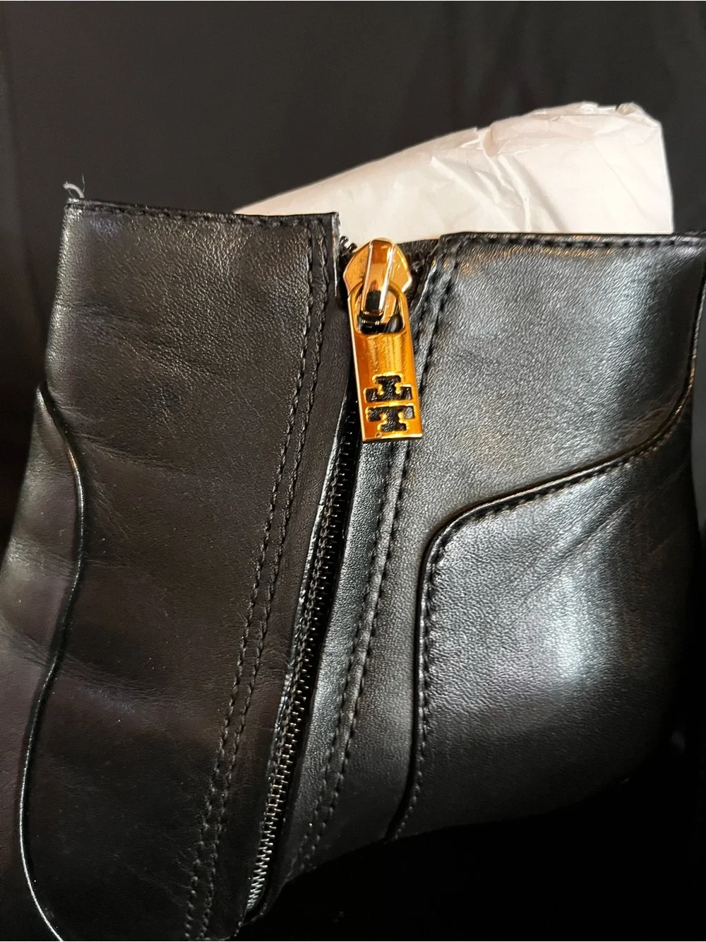 Tory Burch Black Leather Ankle Boots with Gold Logo